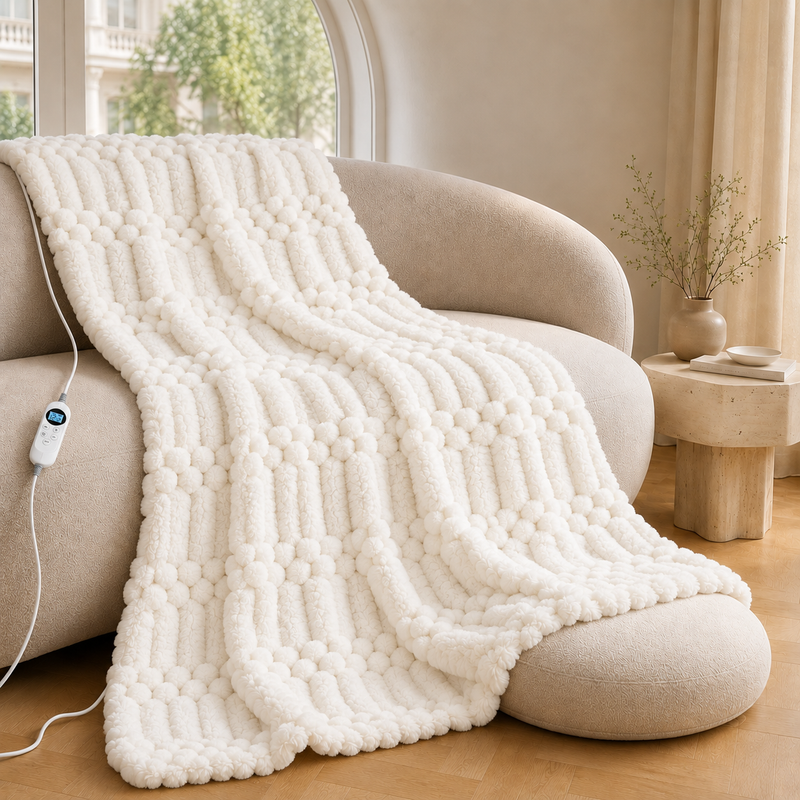 Milk white textured heated throw blanket on a neutral sofa with its controller.