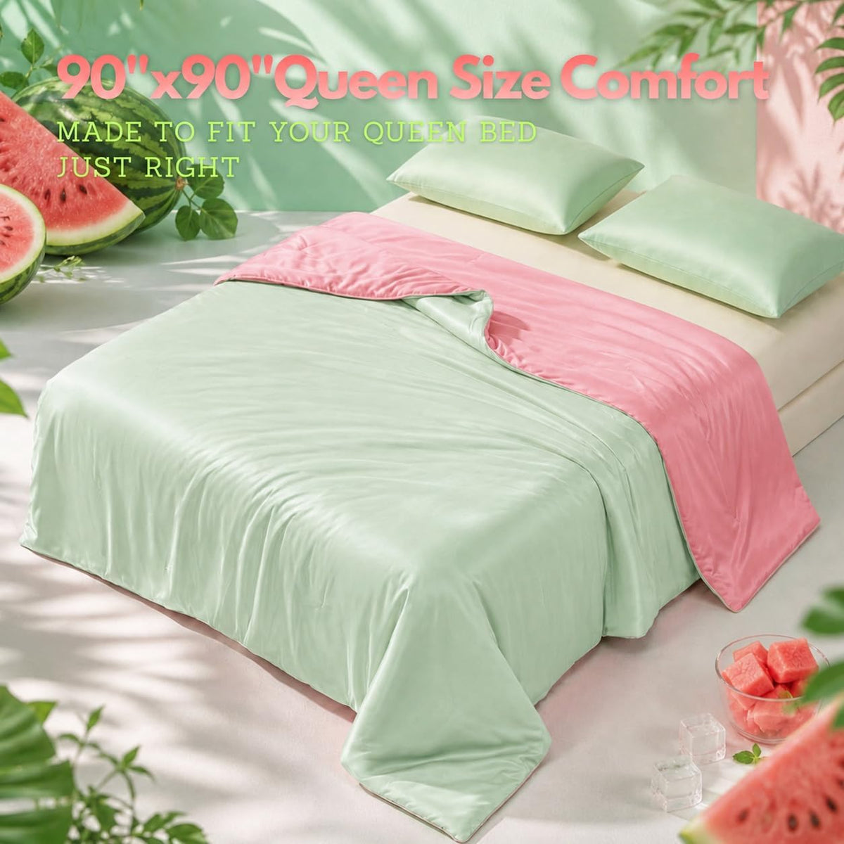 Eastsora Reversible Cooling Comforter — Pink & green, Queen (90 x 90 in) — image 2