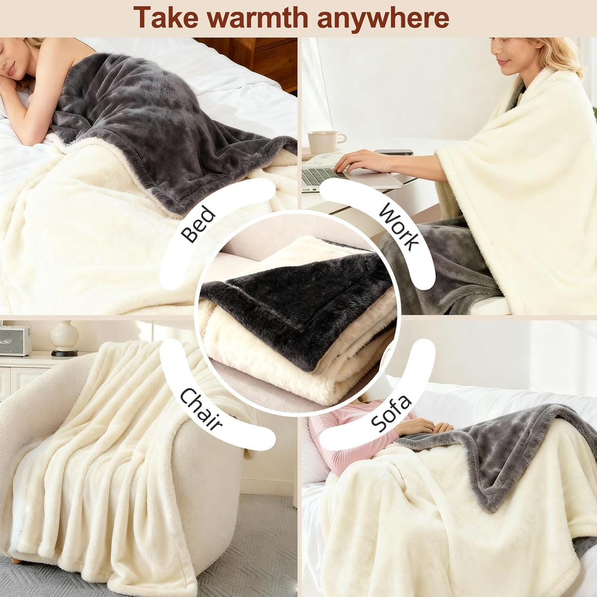 Eastsora Two-Tone Heated Throw Blanket — Milky White & Gray, Single (50''x60'') — image 8