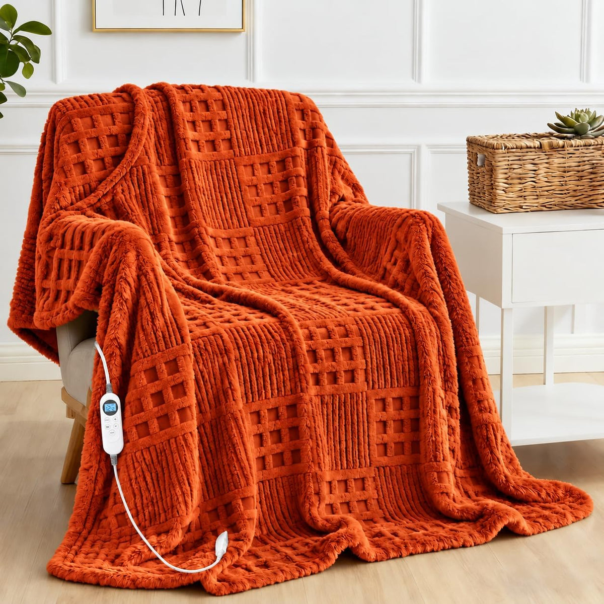 Eastsora Waffle Textured Heated Blanket — Sunset Orange, Single(50"x60") — image 1