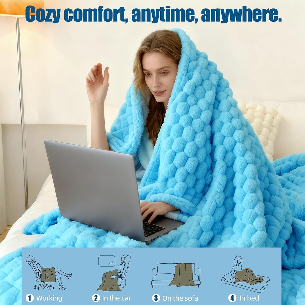 Eastsora Ribbed Plush Heated Blanket — Blue, Single - 50" x 60" — image 5