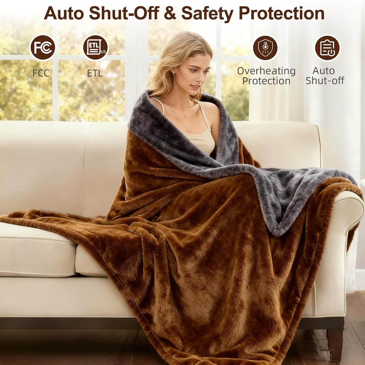 Eastsora Two-Tone Heated Blanket — Brown & Gray, Single(50"x60") — image 6