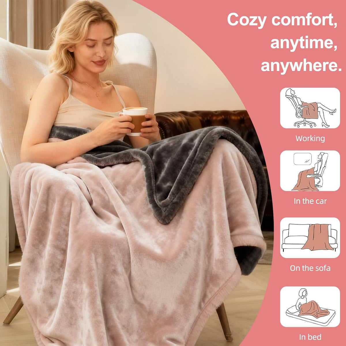 Eastsora Ribbed Plush Heated Blanket — Pink & gray, Single - 50" x 60" — image 5