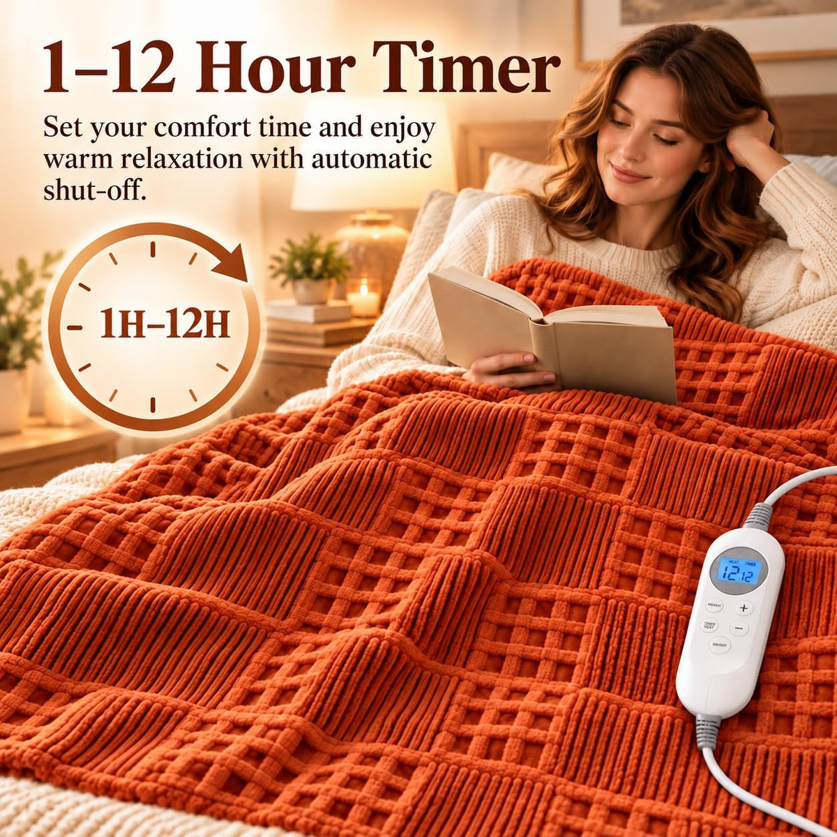 Eastsora Waffle Textured Heated Blanket — Sunset Orange, Single(50"x60") — image 2