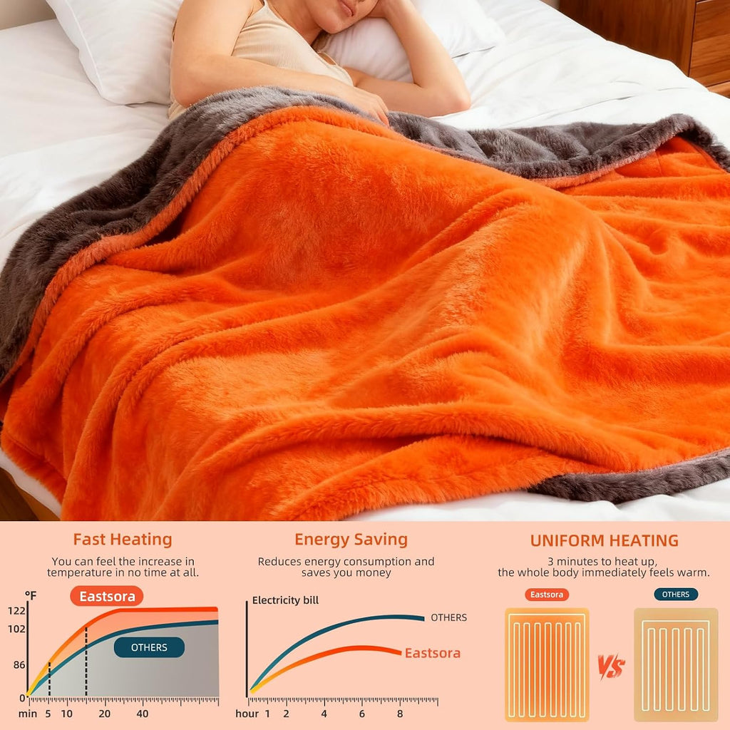 Eastsora Ribbed Plush Heated Blanket — Orange, Single - 50" x 60" — image 4