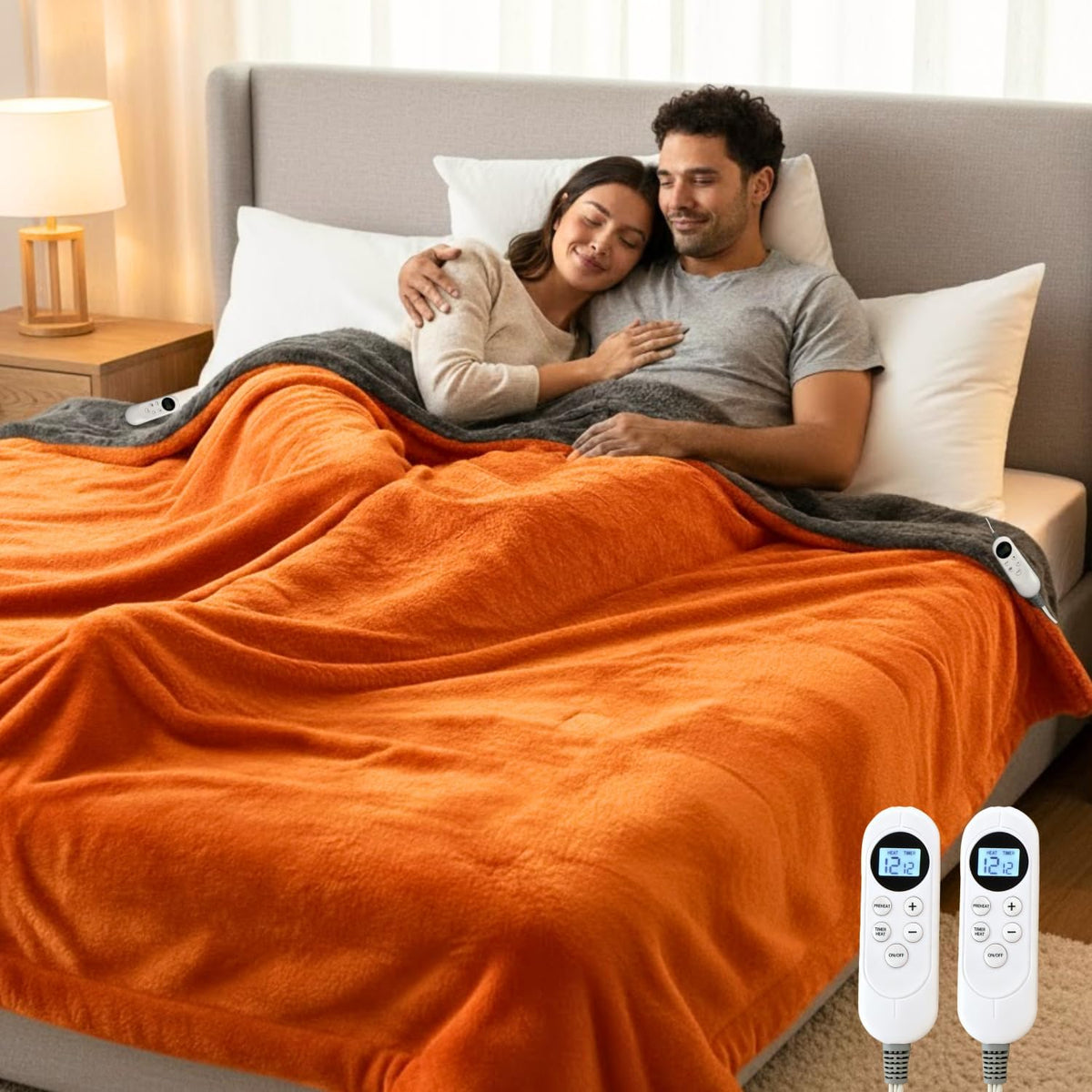 Eastsora Two-Tone Heated Blanket — Orange & Gray, King Size (90"x100") — image 1