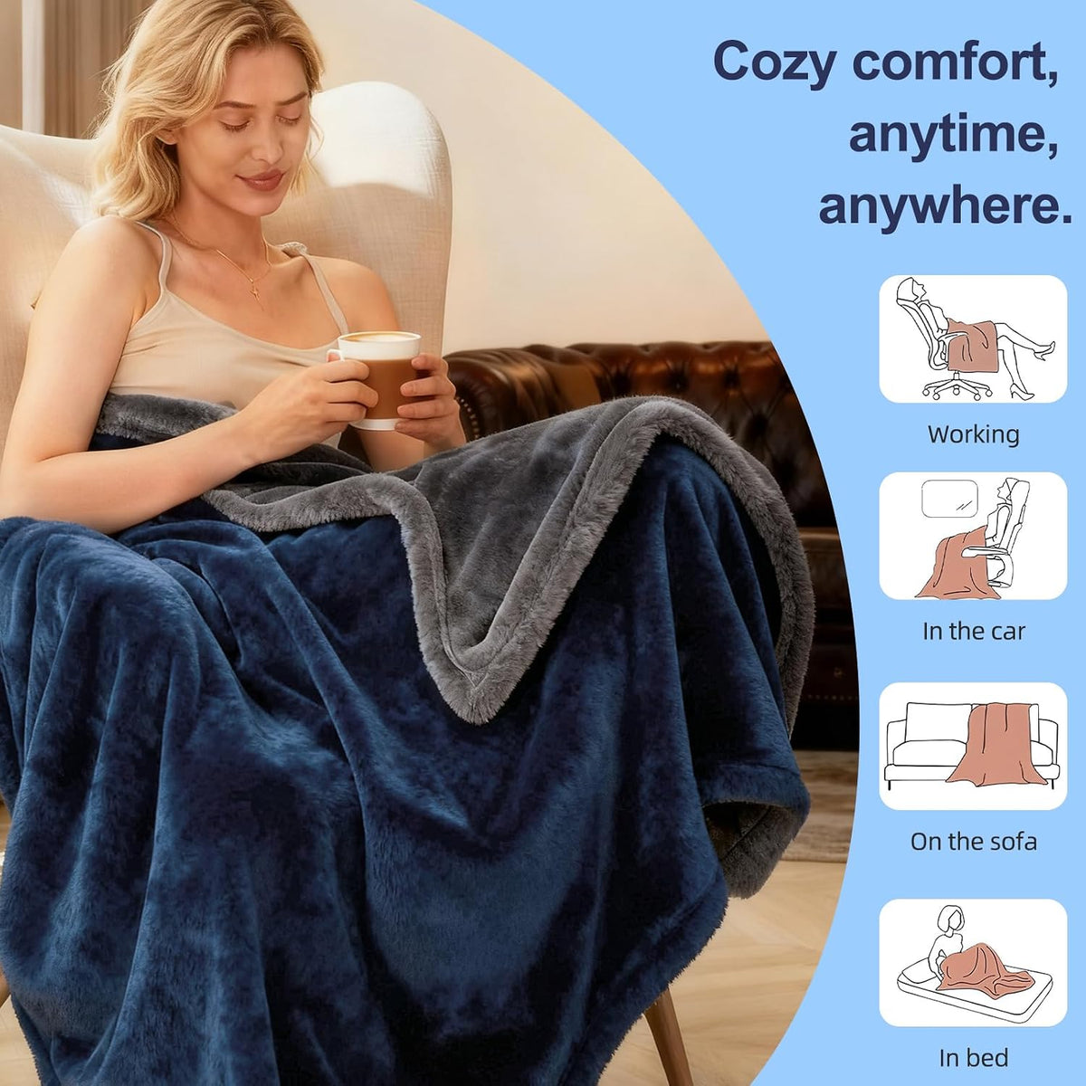Eastsora Two-Tone Heated Blanket — Blue & Gray, Single(50"x60") — image 5