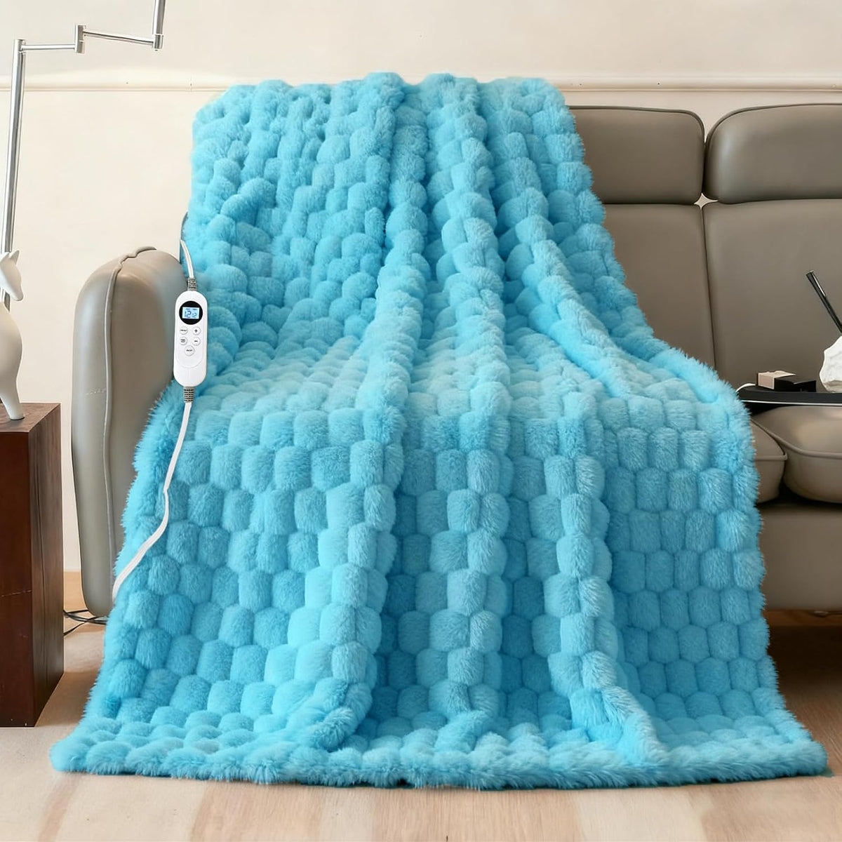 Eastsora Ribbed Plush Heated Blanket — Blue, Single - 50" x 60" — image 1
