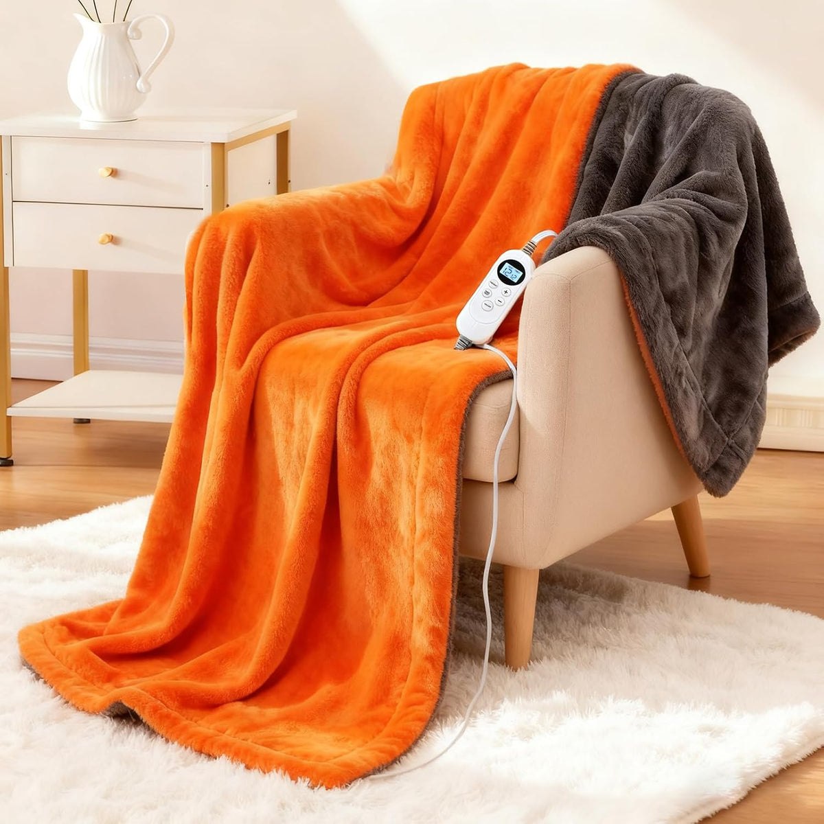 Eastsora Ribbed Plush Heated Blanket — Orange, Single - 50" x 60" — image 1