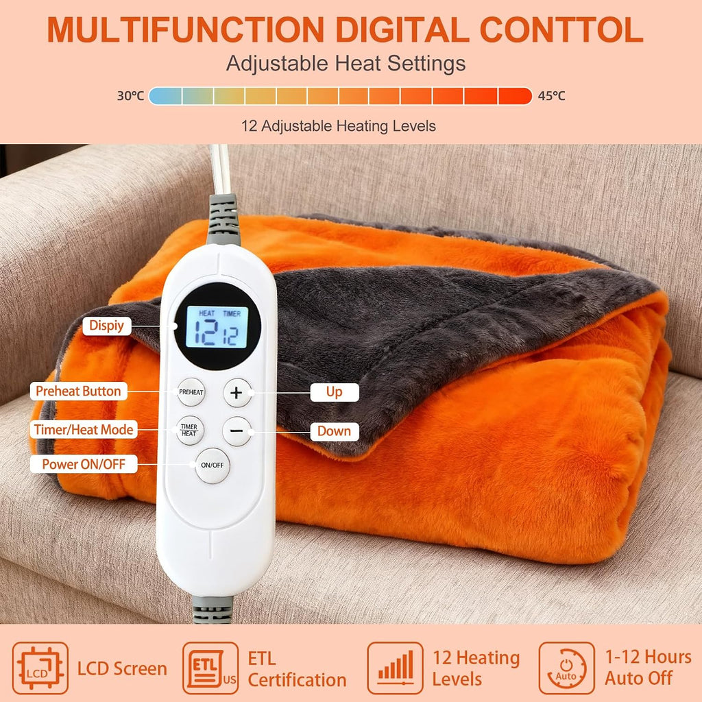 Eastsora Ribbed Plush Heated Blanket — Orange, Single - 50" x 60" — image 2