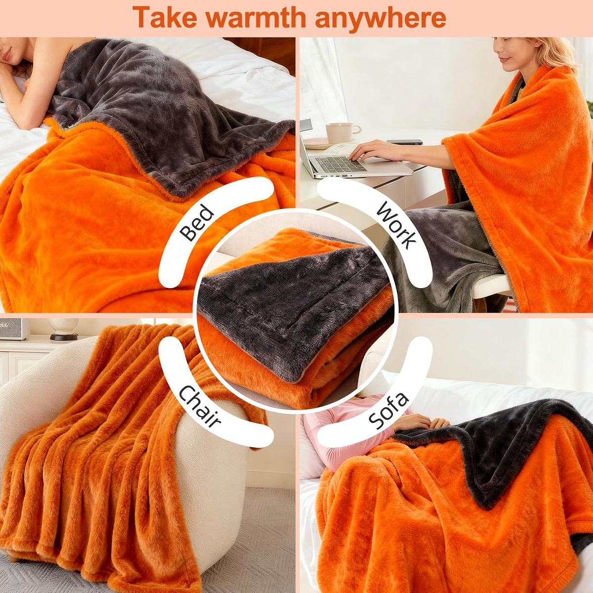 Eastsora Ribbed Plush Heated Blanket — Orange, Single - 50" x 60" — image 8