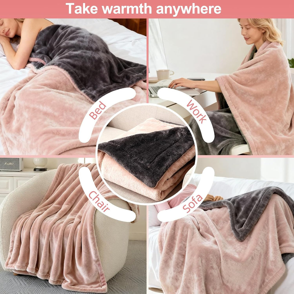 Eastsora Ribbed Plush Heated Blanket — Pink & gray, Single - 50" x 60" — image 8