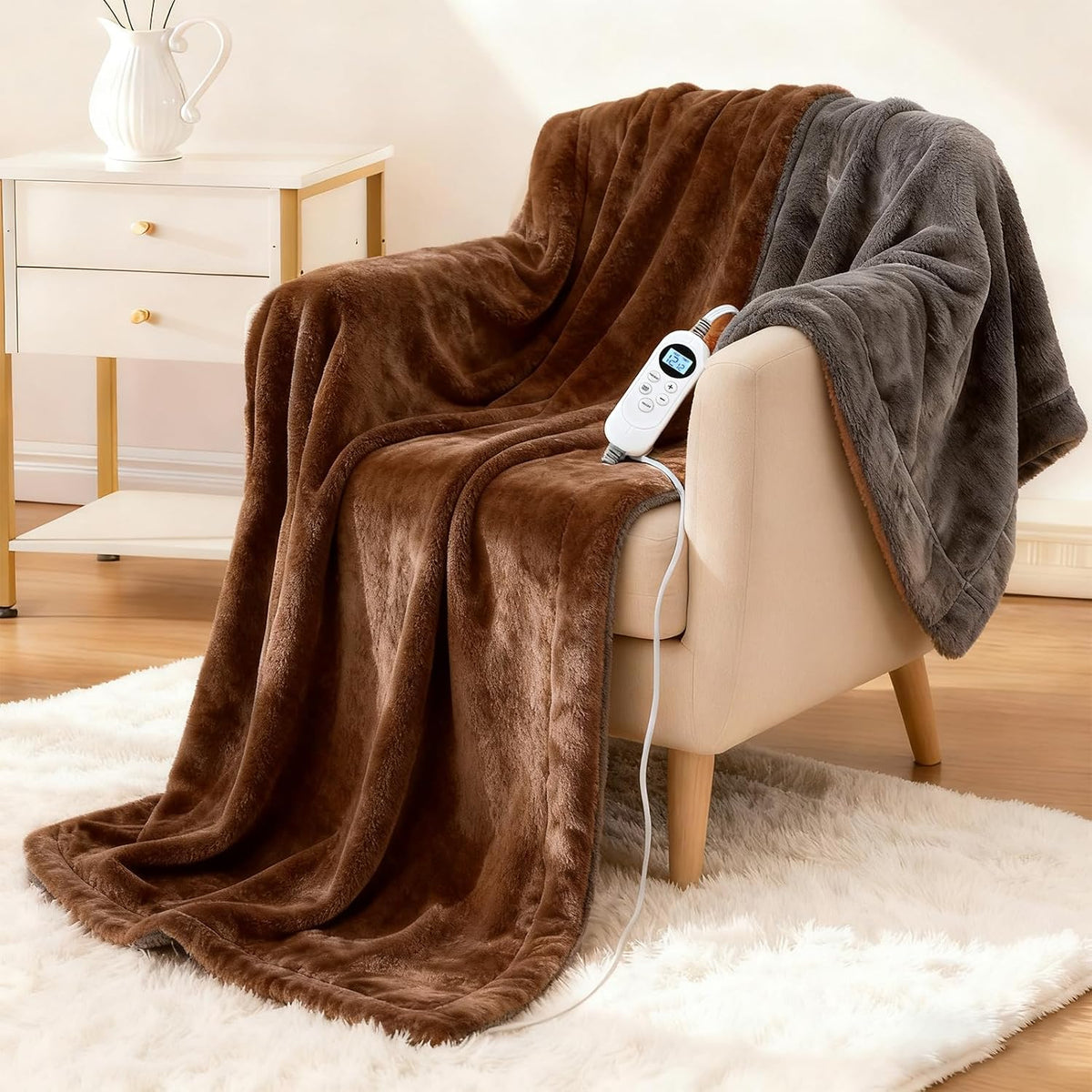 Eastsora Two-Tone Heated Blanket — Brown & Gray, Single(50"x60") — image 1