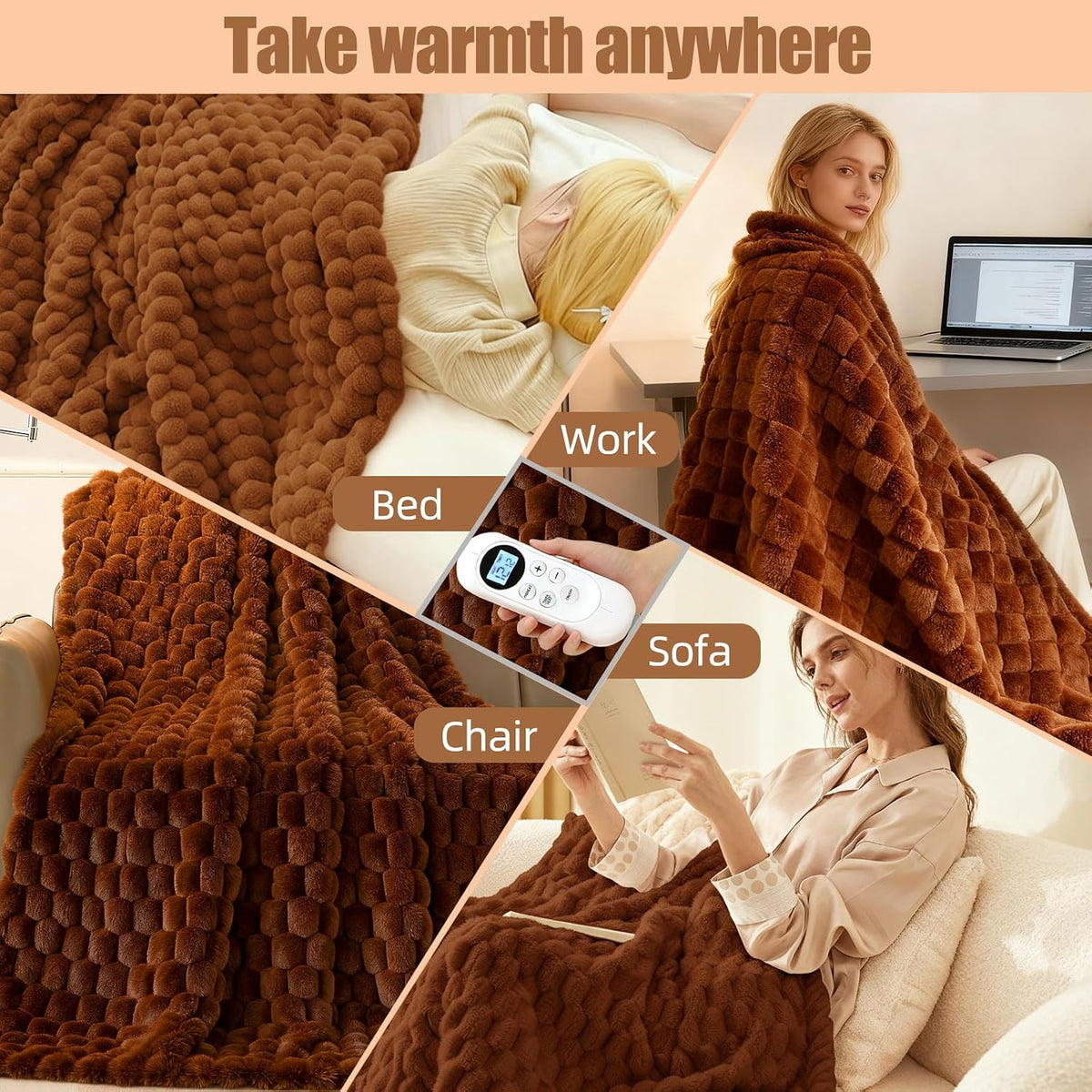 Eastsora Ribbed Plush Heated Blanket — Camel, Single - 50" x 60" — image 9