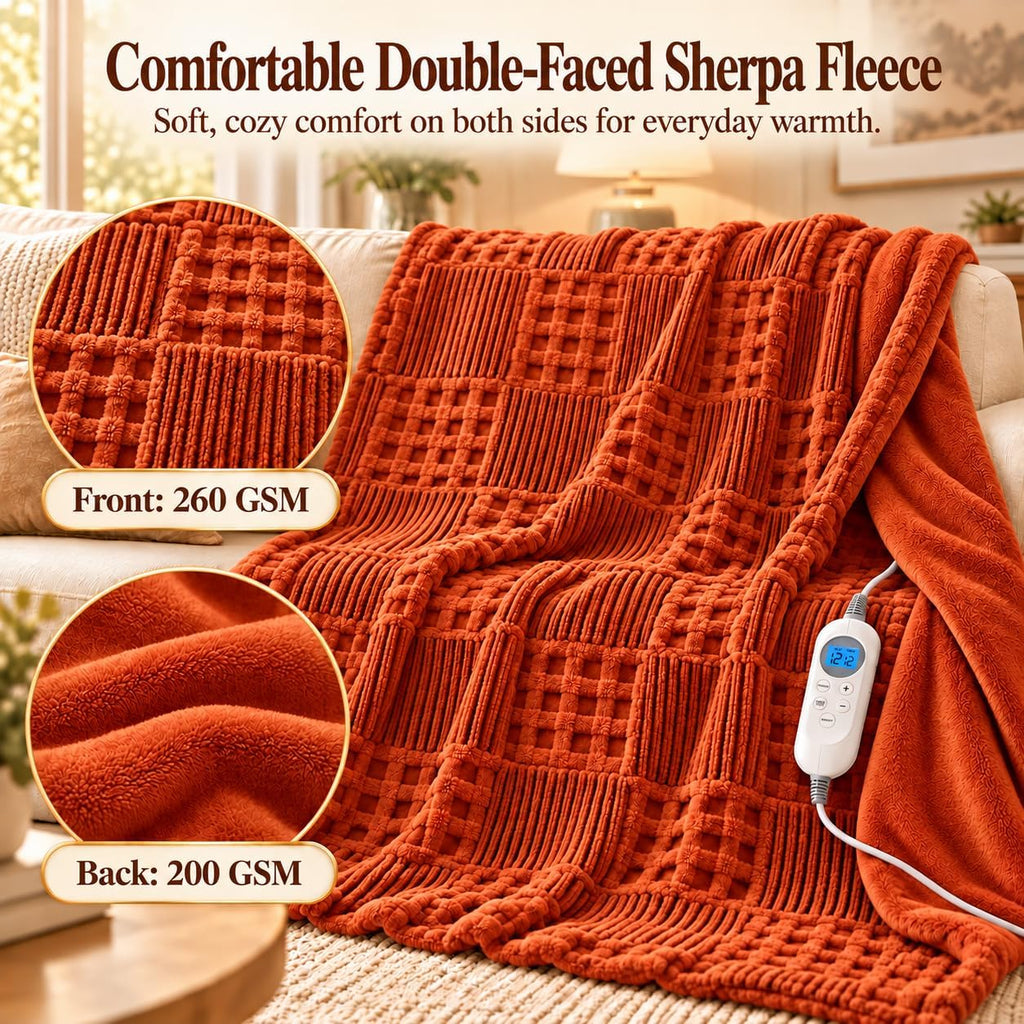 Eastsora Waffle Textured Heated Blanket — Sunset Orange, Single(50"x60") — image 5
