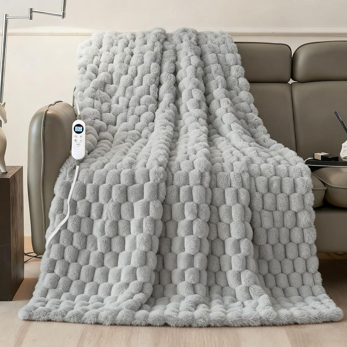 Eastsora Ribbed Plush Heated Blanket — Gray, Single - 50" x 60" — image 1