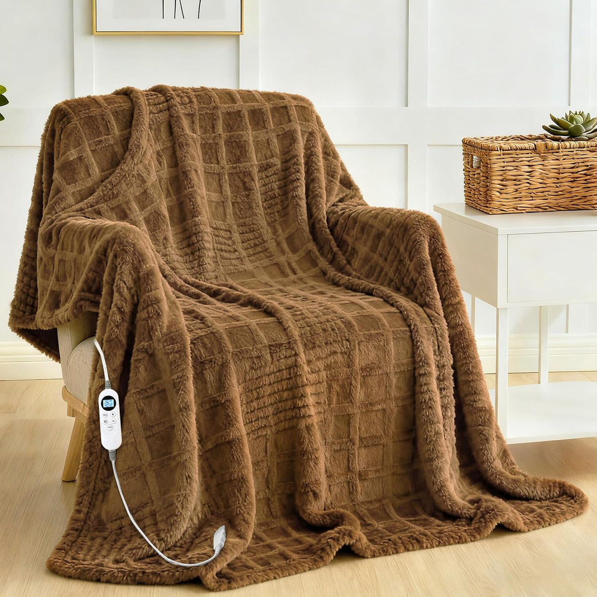 Eastsora Waffle Fleece Heated Blanket — Brown, Twin(72"x84") — image 1
