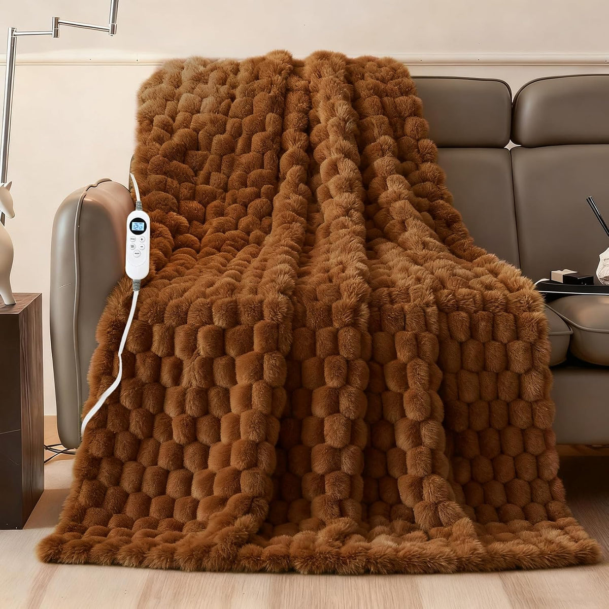 Eastsora Ribbed Plush Heated Blanket — Camel, Single - 50" x 60" — image 1