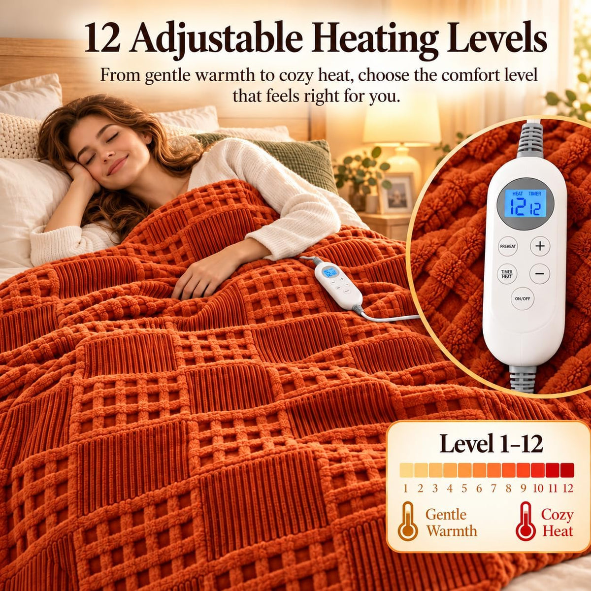 Eastsora Waffle Textured Heated Blanket — Sunset Orange, Single(50"x60") — image 3