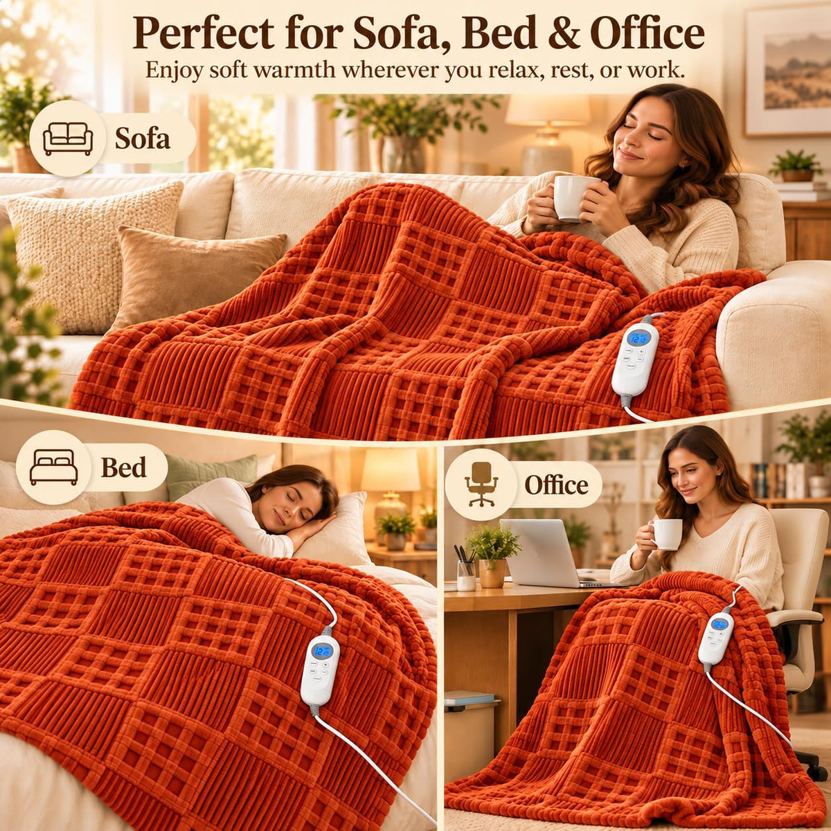 Eastsora Waffle Textured Heated Blanket — Sunset Orange, Single(50"x60") — image 8