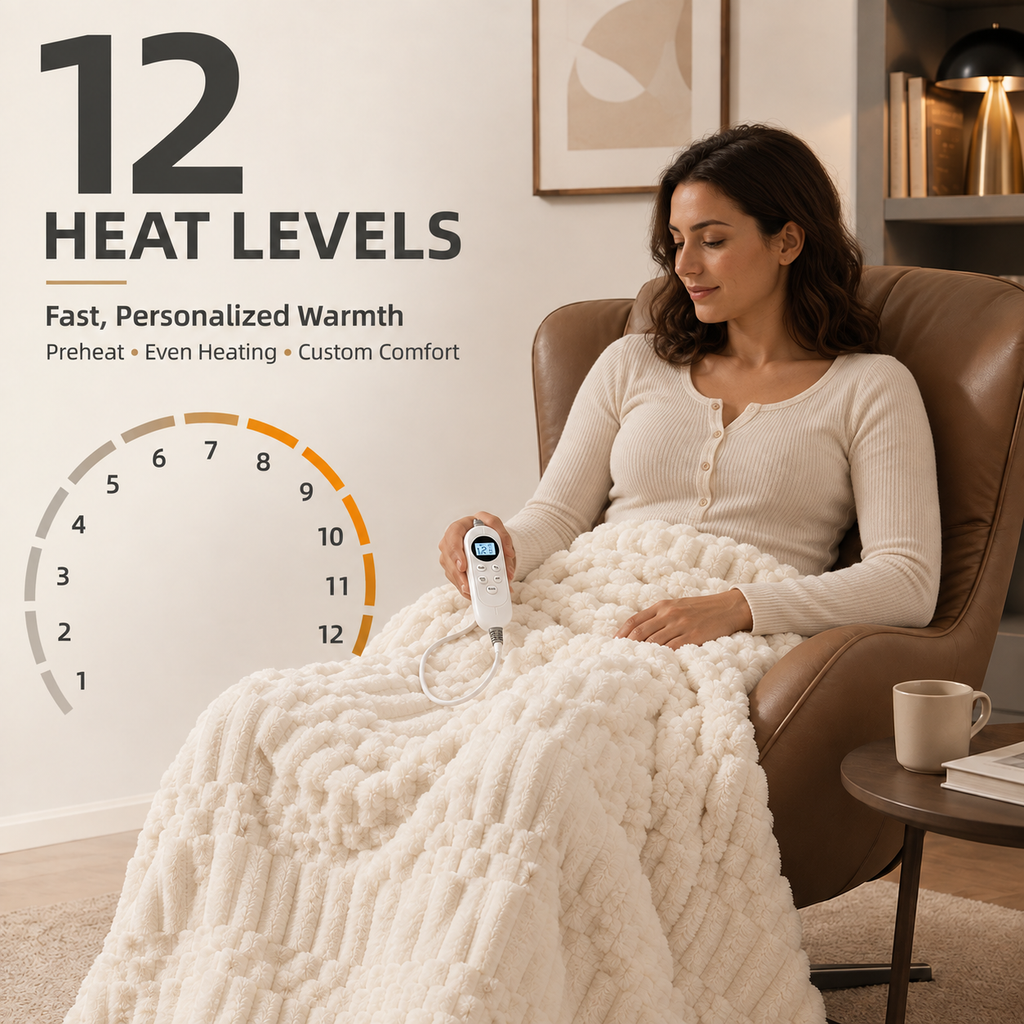 Milk white heated throw blanket with 12 adjustable heat levels and a handheld controller.