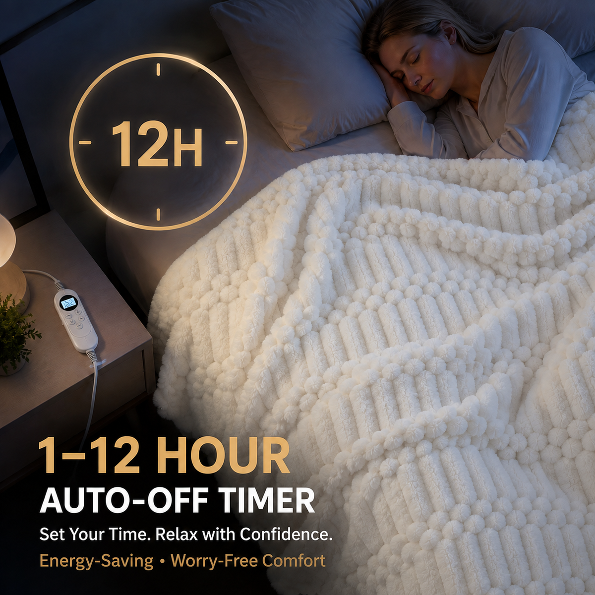 Heated throw blanket product image describing the 1–12 hour auto-off timer.