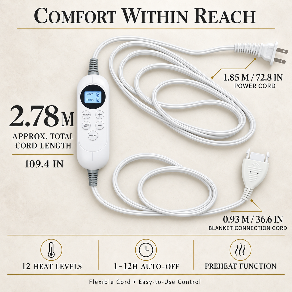 Heated blanket controller with preheat, 12 heat settings, 1–12 hour timer and approximately 2.78 metres total cord length.