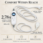 Heated blanket controller with preheat, 12 heat settings, 1–12 hour timer and approximately 2.78 metres total cord length.