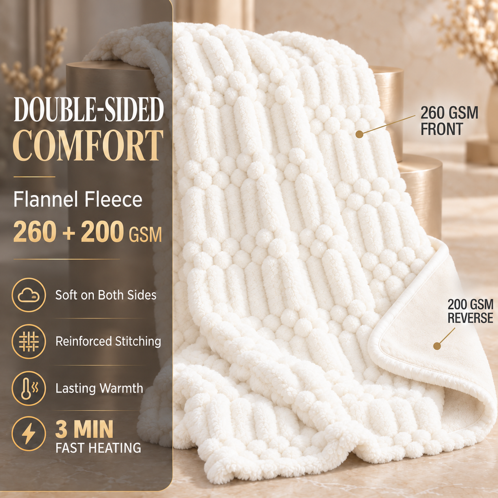 Double-sided flannel fleece with a 260 GSM front and 200 GSM reverse, as shown in the product specification image.