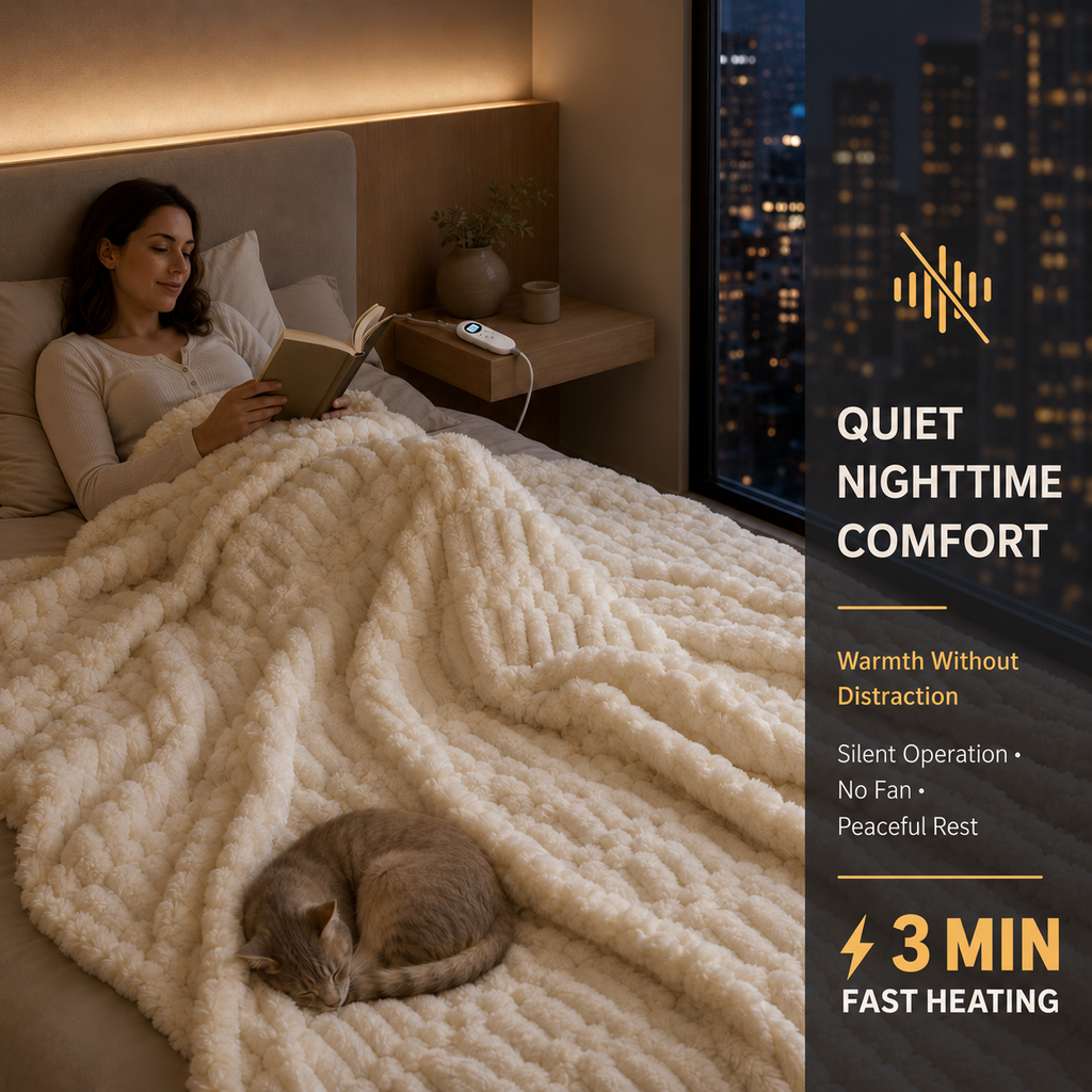 Milk white textured heated throw blanket in an evening reading setting.