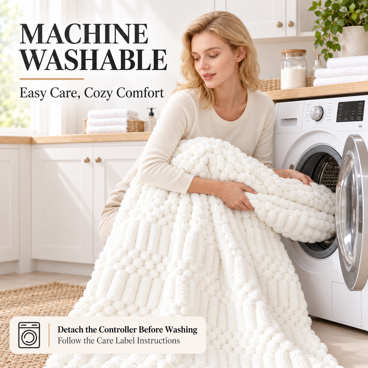 Care instructions: detach the controller before machine washing and follow the care label.