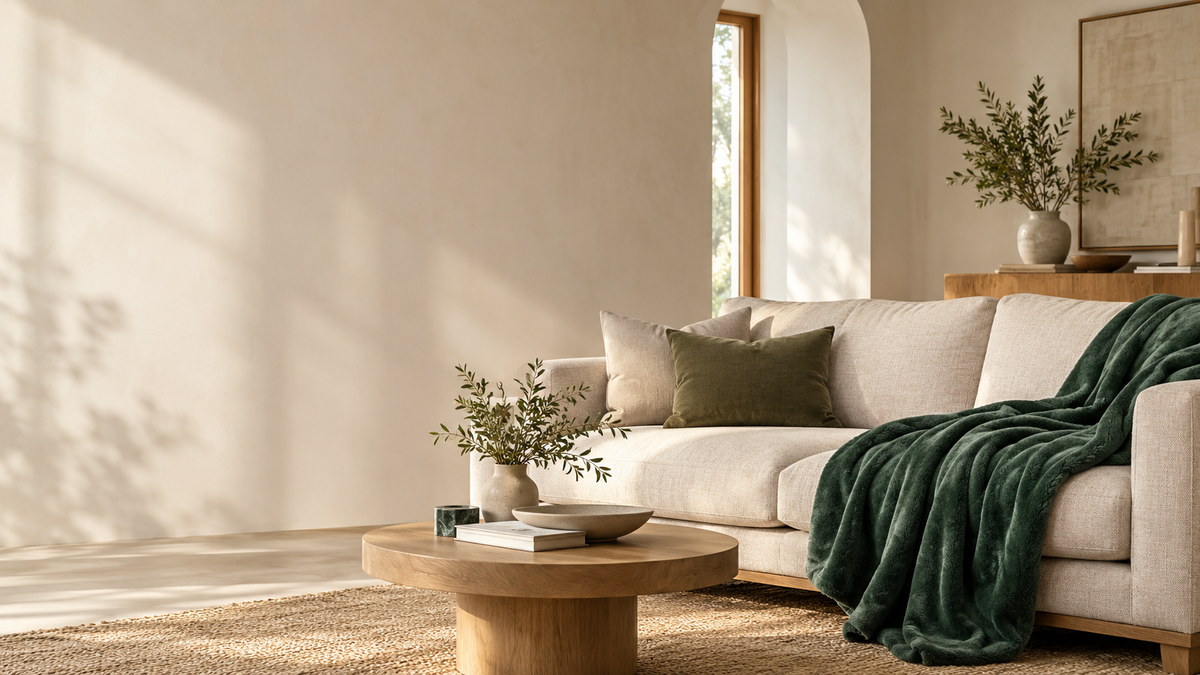 Interior styling concept: a forest-green throw on an oatmeal sofa in a sunlit oak living room.
