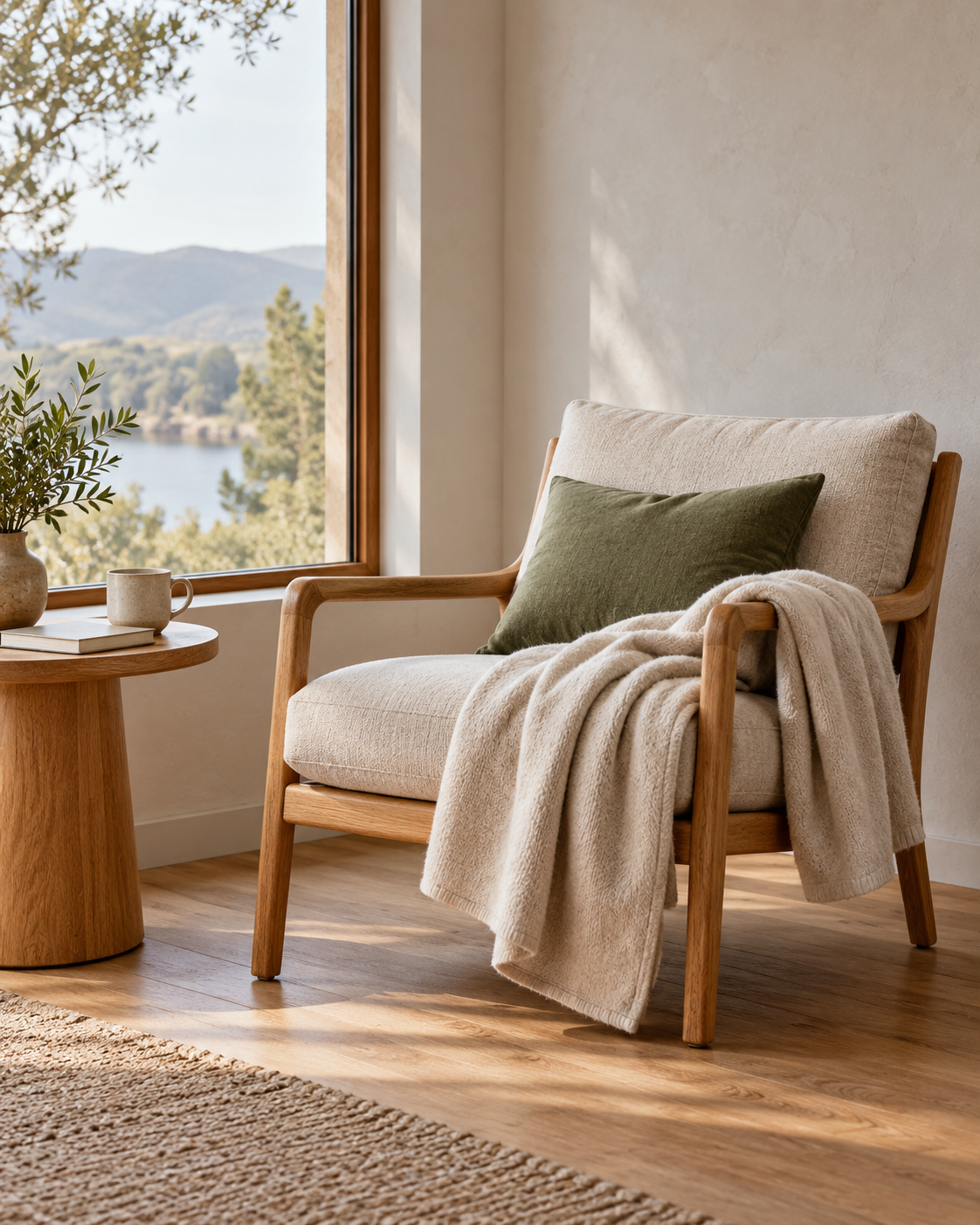 Interior styling concept: an oatmeal throw on an oak reading chair beside a window.